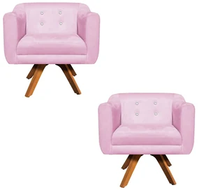 Kit 02 Poltronas GiratĂłria Julia Suede Rosa BebĂŞ com Strass Base Madeira MM30 D'Rossi