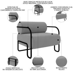 Poltrona Decorativa para Sala Industrial Kira K04 Veludo Cinza - Mpoze