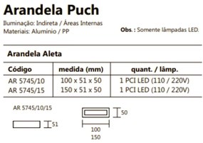 Arandela Puch Retangular Interna 1Xpci Led 5W 15X5X5Cm | Usina 5745/15 (PT / FN-F - Preto Texturizado / Fendi Fosco, 110V)
