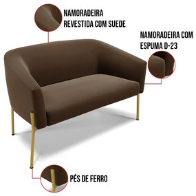 Sofá Namoradeira 2 Lugares Pé de Ferro Dourado Stella Suede D03 - D'Rossi - Marrom