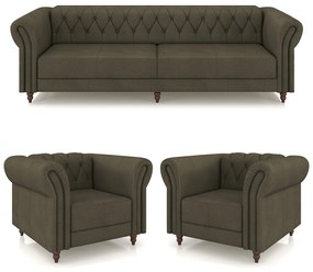 Conjunto Sala de Estar 1 Sofá Living 240cm e 2 Poltronas Stanford Chesterfield Pés Madeira Couro Capuccino G58 - Gran Belo