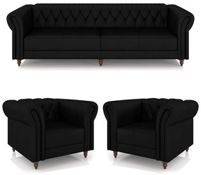 Conjunto Sala de Estar 1 Sofá Living 260cm e 2 Poltronas Stanford Chesterfield Pés Madeira Couro Preto Brilho G58 - Gran Belo