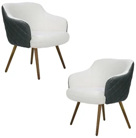Kit 2 Poltronas Decorativas Kitana Pés Palito PU Sintético/Linho Cinza/Branco G15 - Gran Belo