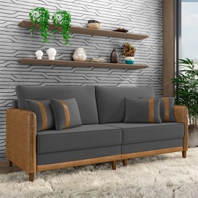 Sofá Living Montecarlo 2 Lugares Bipartido 212cm Pés em Madeira Veludo/PU Grafite/Caramelo G33 - Gran Belo