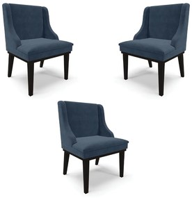 Kit 3 Cadeiras Decorativas Sala de Jantar Base Fixa de Madeira Firenze Suede Azul Marinho/Preto G19 - Gran Belo