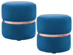 Kit 2 Puffs Decorativos Com Cinto Rosê Round C-170 Veludo Azul - Domi