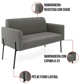 Sofá Namoradeira e 2 Poltronas Pé de Ferro Preto Marisa Suede Grafite D03 - D'Rossi