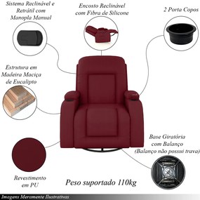 Poltrona do Papai Reclinável Giratória e Balanço Sala de Cinema Crihs Manual Glider PU Vermelho G23 - Gran Belo