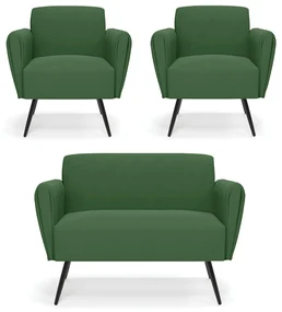 Sofá Namoradeira com 2 Poltronas Pés Palito de Ferro Bruna Suede Verde - D'Rossi
