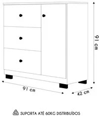 Cômoda Infantil 100% MDF 1 Porta e 3 Gavetas Duda Branco     - Phoenix