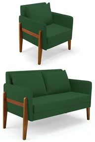 Kit 1 Sofá Namoradeira e 1 Poltrona Lana Veludo Verde Base de Madeira - D'Rossi