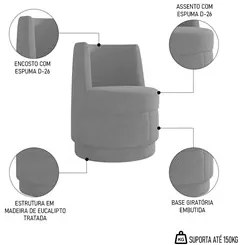 Kit 2 Poltronas Giratória Decorativa para Sala Isa K04 Veludo Cinza -