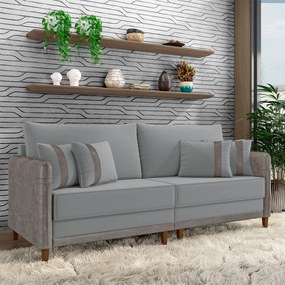 Sofá Living Montecarlo 3 Lugares Bipartido 252cm Pés em Madeira Veludo/PU Cinza G33 - Gran Belo