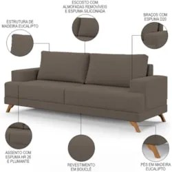 Sofá 3 Lugares 180cm Living Pés Curvos Santi D05 Bouclé Capuccino - Mp