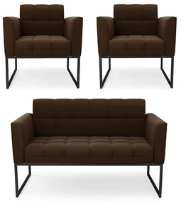 Kit 1 Sofá Namoradeira e 2 Poltronas Elisa Suede Base Metálica Industrial Preto - D'Rossi - Marrom