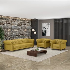 Conjunto Sala de Estar 1 Sofá Living 180cm e 2 Poltronas Stanford Chesterfield Pés Madeira Couro Bege Manchado G58 - Gran Belo