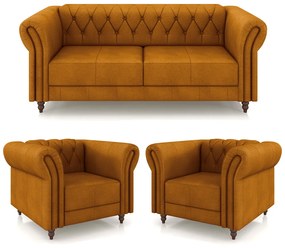 Conjunto Sala de Estar 1 Sofá Living 180cm e 2 Poltronas Stanford Chesterfield Pés Madeira Couro Mel G58 - Gran Belo