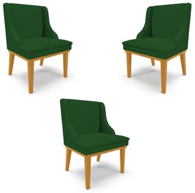 Kit 3 Cadeiras Decorativas Sala de Jantar Base Fixa de Madeira Firenze Veludo Verde Luxo/Castanho G19 - Gran Belo