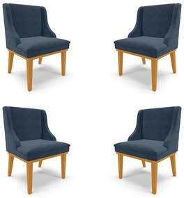 Kit 4 Cadeiras Decorativas Sala de Jantar Base Fixa de Madeira Firenze Suede Azul Marinho/Castanho G19 - Gran Belo