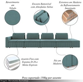 Sofá Ilha com Encosto e Almofadas Móveis Olimpo 505cm Modulado Veludo Azul Turqueza G45 - Gran Belo