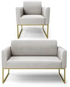 Sofá Namoradeira com Poltrona Base Industrial Dourado Marisa Veludo Cinza D03 - D'Rossi
