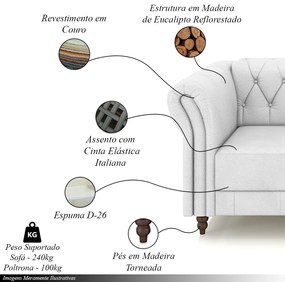 Conjunto Sala de Estar 1 Sofá Living 260cm e 1 Poltrona Stanford Chesterfield Pés Madeira Couro Branco G58 - Gran Belo