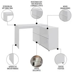 Mesa Escrivaninha em L Link e Estante Livreiro 90x187cm Lean A06 Branc