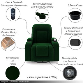 Poltrona do Papai Reclinável Giratória e Balanço Sala de Cinema Crihs com Massagem e Aquecimento Veludo Verde Esmeralda G23 - Gran Belo