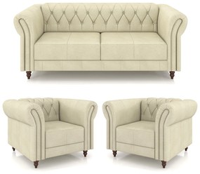 Conjunto Sala de Estar 1 Sofá Living 180cm e 2 Poltronas Stanford Chesterfield Pés Madeira Couro Off White G58 - Gran Belo