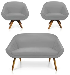 Kit 01 Namoradeira 02 Lugares e 02 Poltronas Giratória Giovana Suede Cinza Base Madeira MM30 - D'Rossi