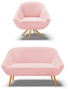 Kit 01 Namoradeira 02 Lugares e 01 Poltrona Giratória Giovana Suede Base Madeira MA30 - D'Rossi - Rosa Bebê