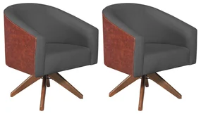 kit 02 Poltronas Luiza Base Giratória de Madeira Sintético Nozes e Linho Chumbo - ADJ Decor