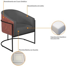 Poltrona Luiza Base de Ferro Preto Corano Nozes e Linho Cinza Escuro - ADJ Decor