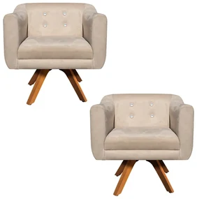 Kit 02 Poltronas GiratĂłria Julia Suede Bege com Strass Base Madeira MM30 D'Rossi