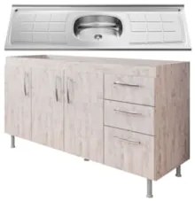 Balcão Gabinete Nathan com Pia Inox 160cm 3 Portas Rústico - Nathy Móv