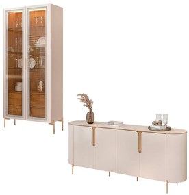 Conjunto Cristaleira Decorativa Vitória 2 Portas de Vidro e Buffet América 4 Portas Pés Metálicos Dourados Off White/Freijó G18 - Gran Belo