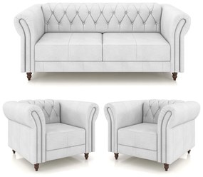 Conjunto Sala de Estar 1 Sofá Living 220cm e 2 Poltronas Stanford Chesterfield Pés Madeira Couro Branco G58 - Gran Belo