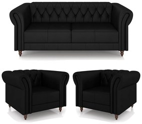 Conjunto Sala de Estar 1 Sofá Living 200cm e 2 Poltronas Stanford Chesterfield Pés Madeira Couro Preto Brilho G58 - Gran Belo