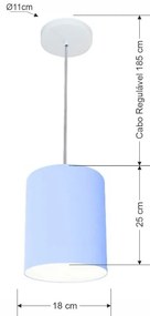 Kit/3 Lustre Pendente Cilíndrico Md-4012 Cúpula em Tecido 18x25cm Azul Bebê - Bivolt