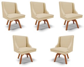 Kit 5 Cadeiras Decorativas Sala de Jantar Base Giratória de Madeira Firenze Veludo OffWhite Luxo/Natural G19 - Gran Belo