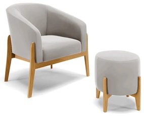 Poltrona com Puff Base de Madeira Stella Veludo Cinza D03 - D'Rossi