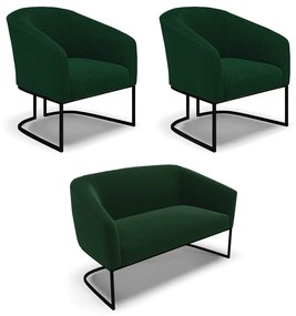 Namoradeira e 2 Poltronas Industrial Preto Stella Bouclê Verde D03 - D'Rossi
