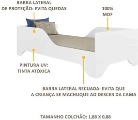 Cama Solteiro Infantil c/ Barras de Proteção p/ colchão 188 x 88 cm MDF Soninho Multimóveis Branca