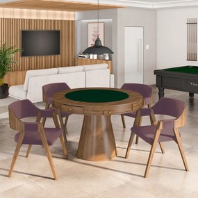 Conjunto Mesa de Jogos Carteado Bellagio Tampo Reversível e 4 Cadeiras Madeira Poker Base Cone Veludo Rosê/Nogueira G42 - Gran Belo