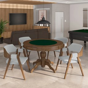 Conjunto Mesa de Jogos Carteado Bellagio Tampo Reversível Verde e 4 Cadeiras Madeira Poker Base Estrela Linho Cinza/Nogueira G42 - Gran Belo