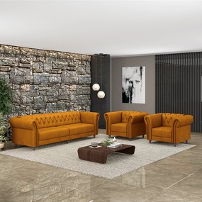 Conjunto Sala de Estar 1 Sofá Living 260cm e 2 Poltronas Stanford Chesterfield Pés Madeira Couro Mel G58 - Gran Belo