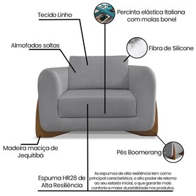 Poltrona Sala de Estar Base de Madeira Clarissa Linho Cinza S04 - D'Rossi