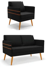 Kit 01 Namoradeira 02 Lugares e 01 Poltrona Mari Suede Pés Palito Castanho - D'Rossi - Preto
