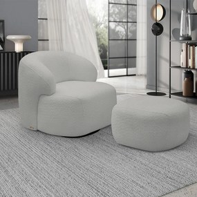 Conjunto Poltrona Base Giratória e Puff Decorativo Charlote Sala de Estar Bouclê Cinza G88 - Gran Belo