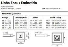 Luminária De Embutir Focus Quadrado C/ Aba 4Xe27 + 1Xmr16 38X38X10Cm |... (MT-M Mate Metálico)